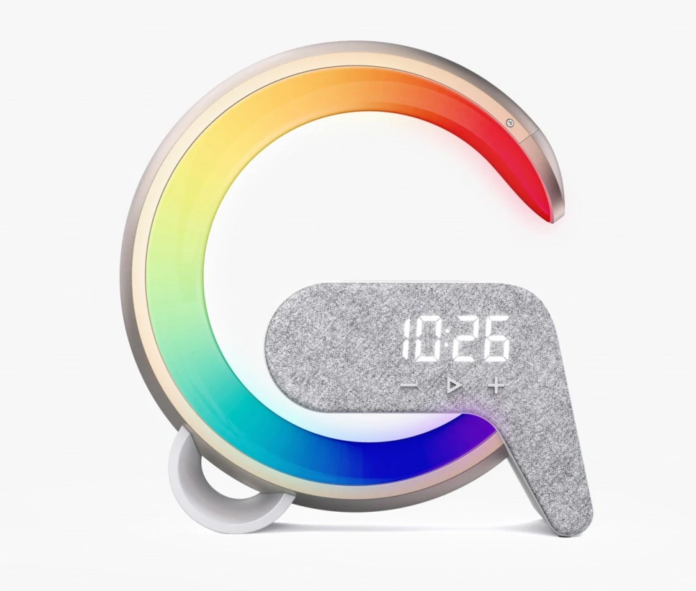 LED relaxační lampička FLAMINGO s QI nabíjením, budík, RGB, USB výstup, BT, zlatá
