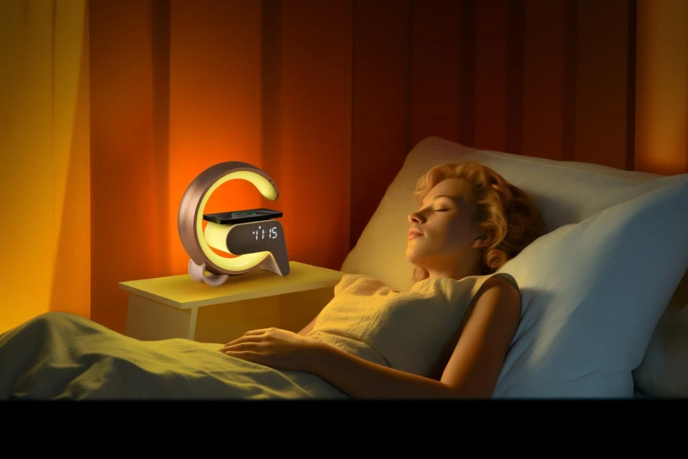 LED relaxační lampička FLAMINGO s QI nabíjením, budík, RGB, USB výstup, BT, zlatá