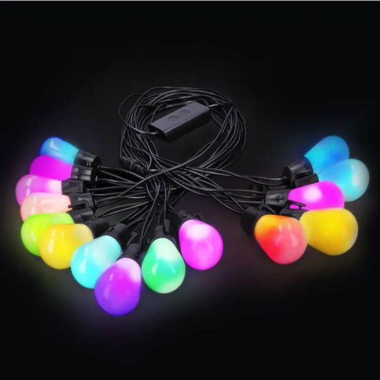 LED Bluetooth venkovní řetěz s RGB žárovkami, 15 žárovek, 15m+5m, 10W