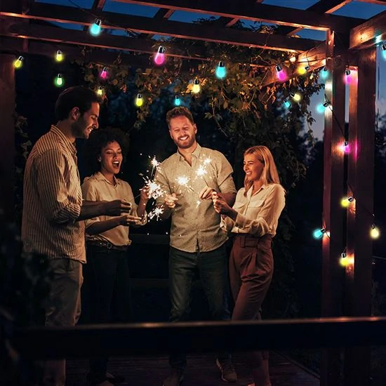 LED Bluetooth venkovní řetěz s RGB žárovkami, 15 žárovek, 15m+5m, 10W